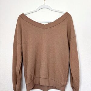 Women's Tan Sweater, off the shoulder, v-neck